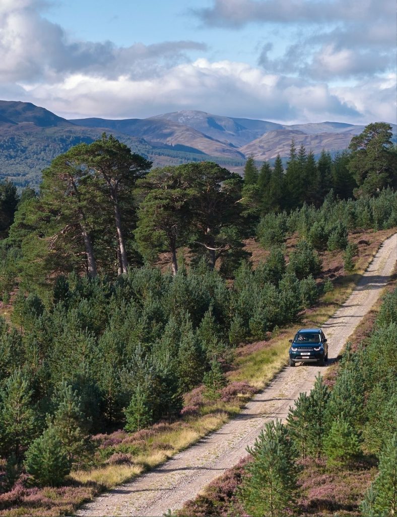 A Fife Arms car driving through the Cairngorms National Park.