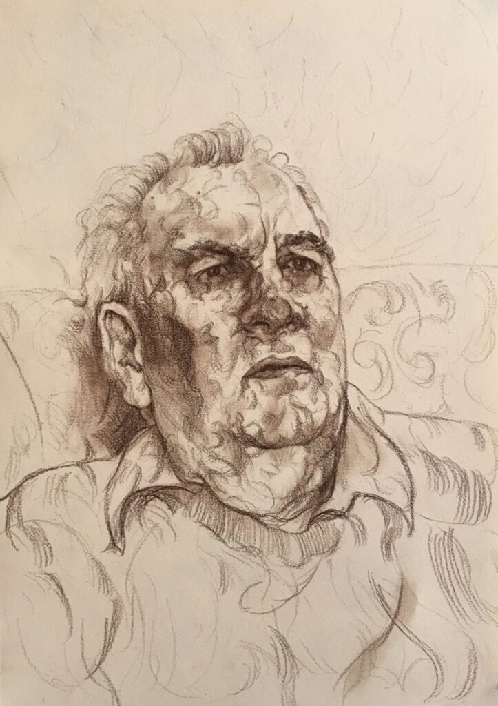 A black and white sketch of a Braemar local resident by Gideon Summerfield