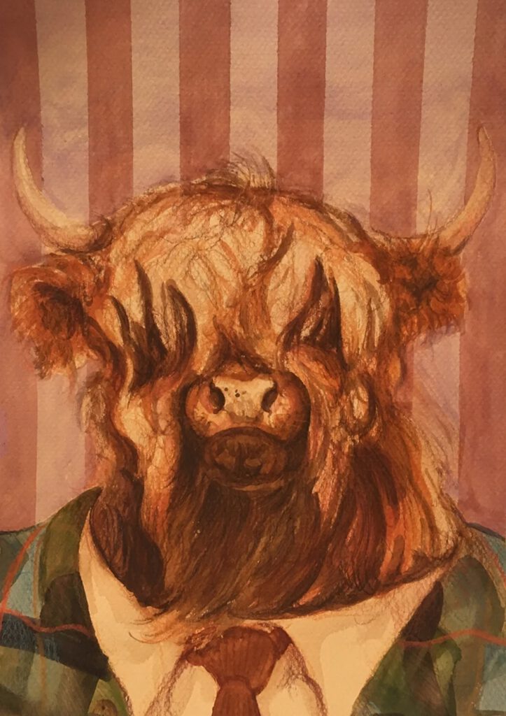 A sketch of a Highland coo (cow) in a suit by Gideon Summerfield