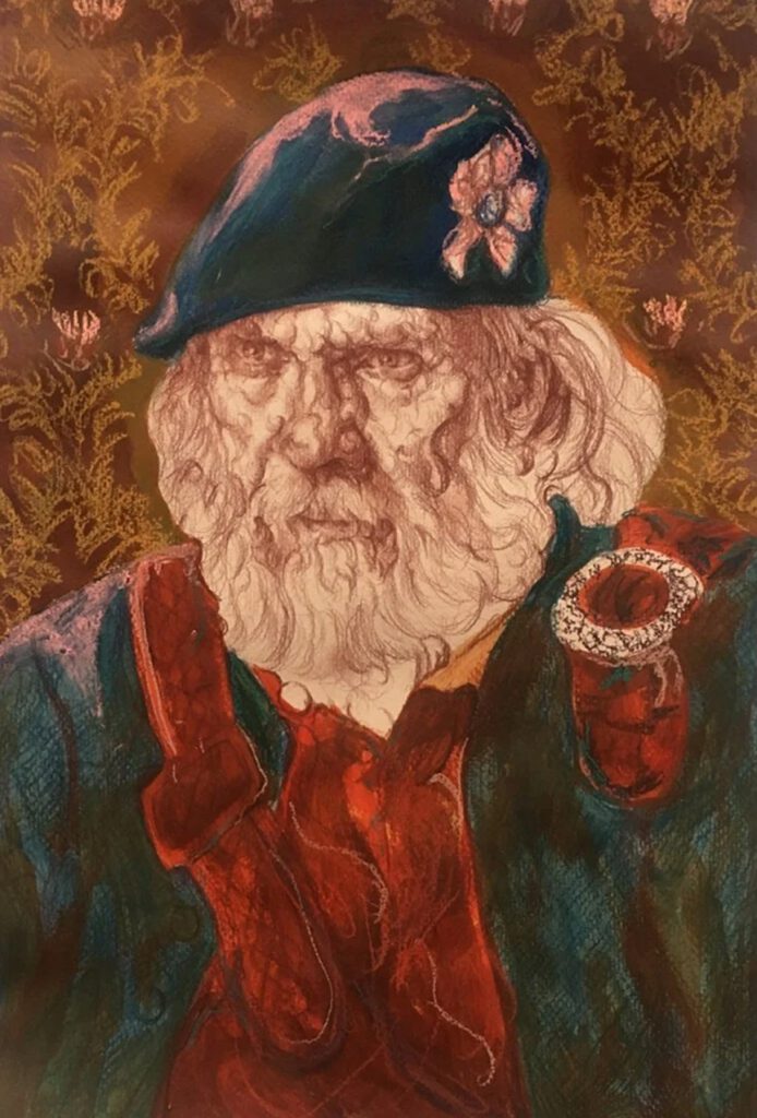 A sketch by Gideon Summerfield of a male Braemar local wearing full Highland regalia