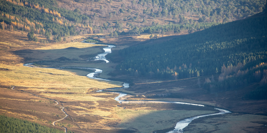 A Birdseye view of the river dee in Braemar, Aberdeenshire