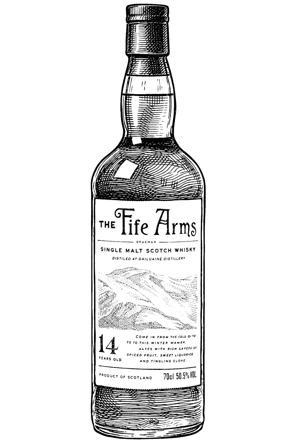 an illustration of the fife arms single malt whisky in black and white