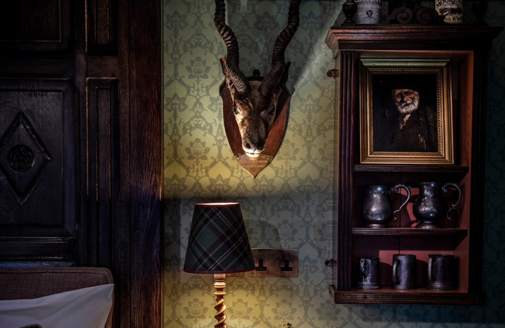 The Highlander suite taxidermy hanging oln a wall