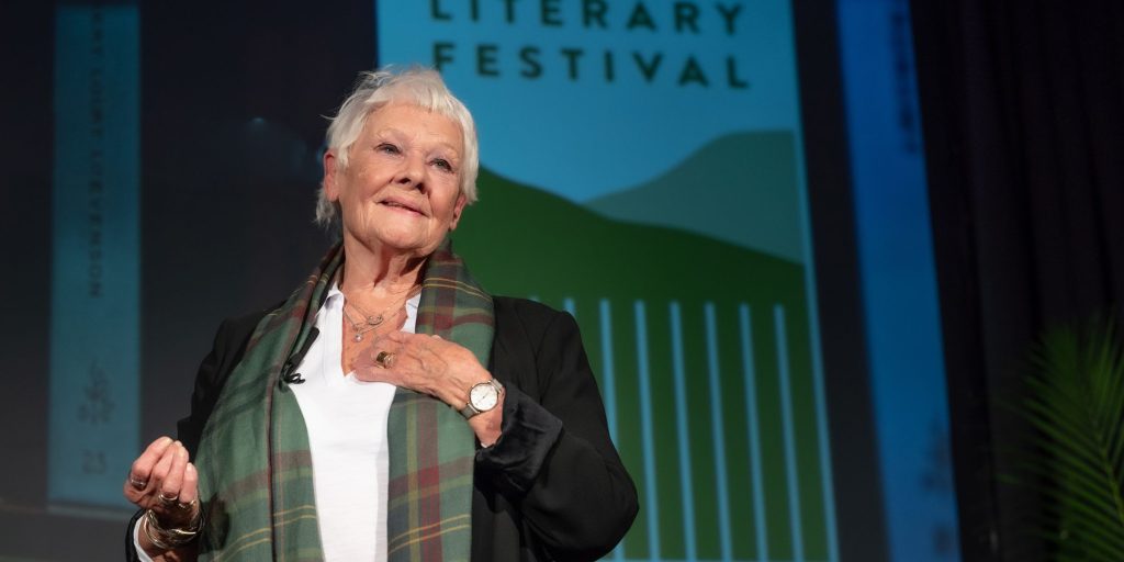 Dame Judi Dench on-stage at Braemar Literary Festival in 2024.