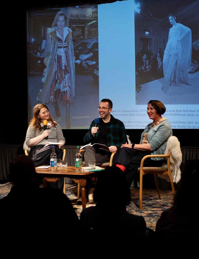 A talk in progress on fashion designer Bill Gibb