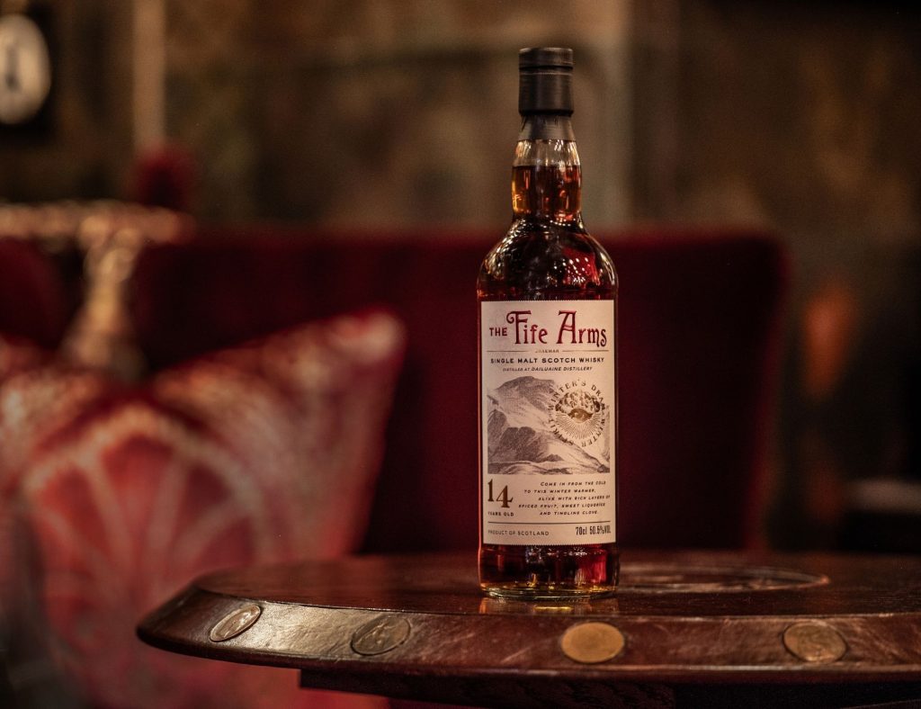 The Fife Arms 14 year old whisky on a table in Berties whisky bar.