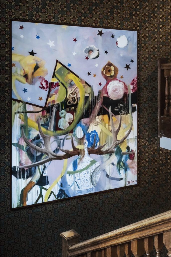 Keith Tyson artwork hung on the first floor staircase of the Fife Arms hotel