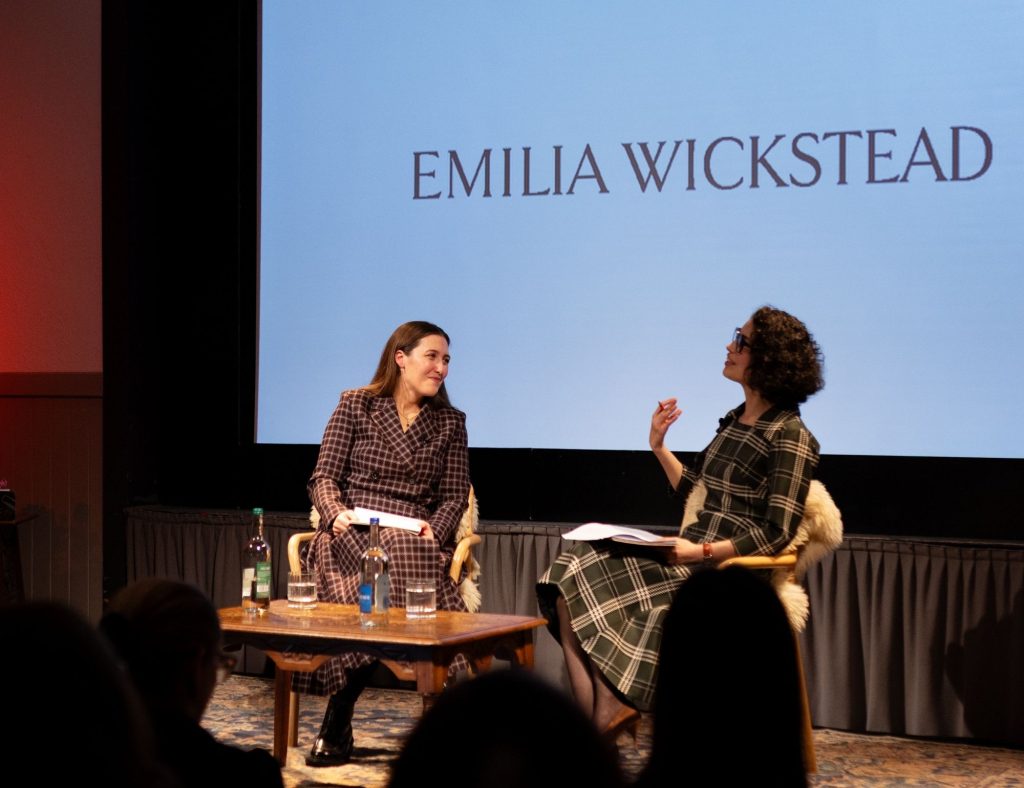 Fashion designer Emilia Wickstead and interviewer on-stage at Festival of Fashion