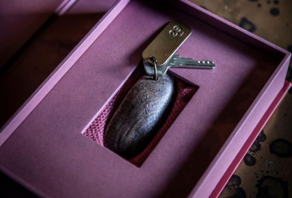 A key fob in the style of a mussel in a purple key room box.