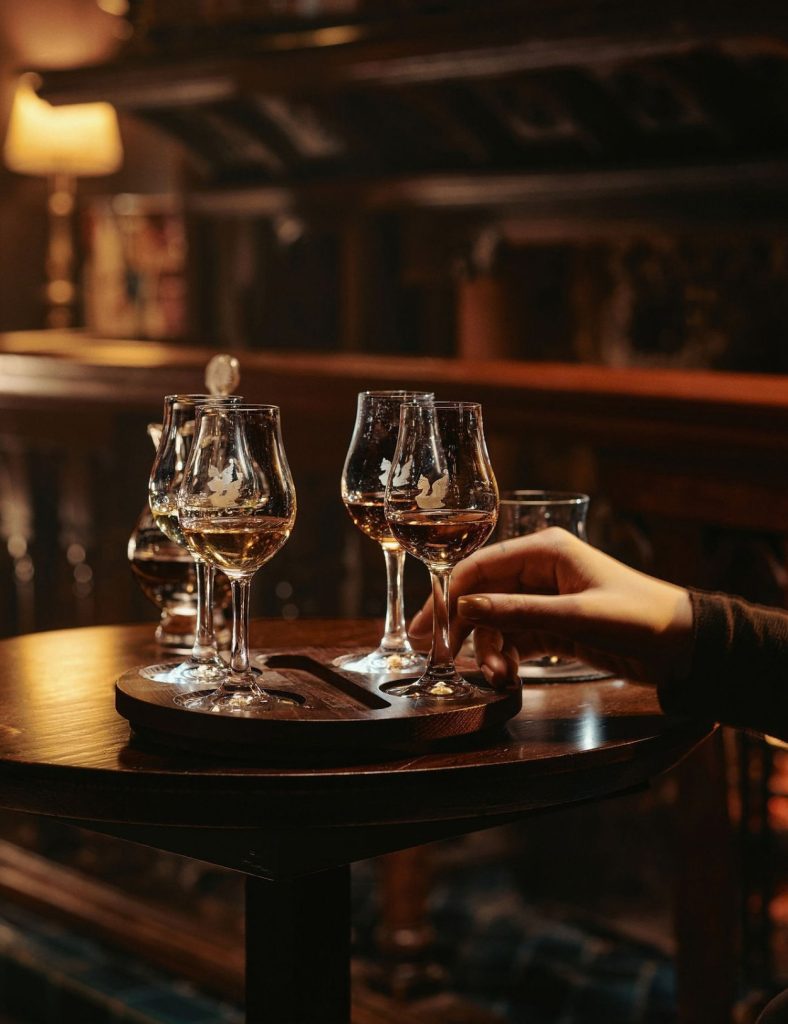 A table in a dark whisky bar with a dark wooden table set with whisky tasting glasses and an arm reaching for a glass.